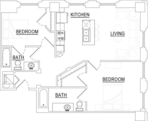 Floor plan for 2 beds, 1 bath, 928 sqft